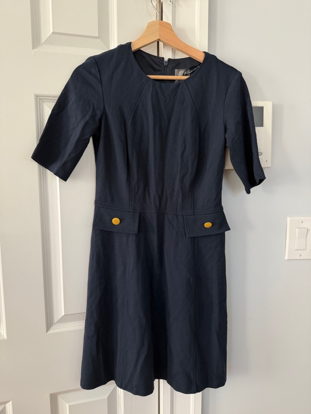 Vince Camuto Navy Midi Dress with Gold Buttons